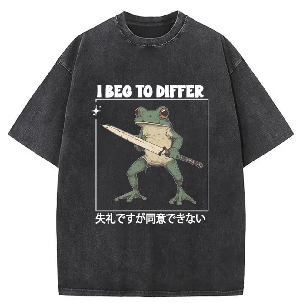 Modecanvas Funny Frog Graphic I Beg To Differ Frog Japanese Washed T-Shirt