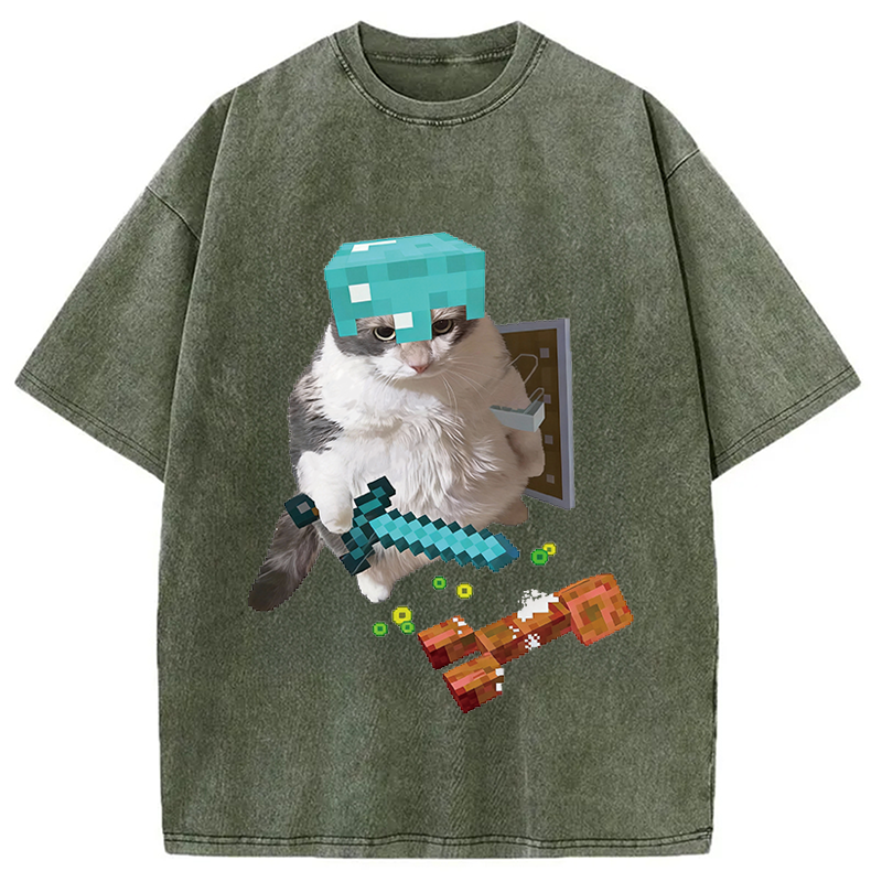 Modecanvas Diamond Armor Cat Creeper Washed T-Shirt