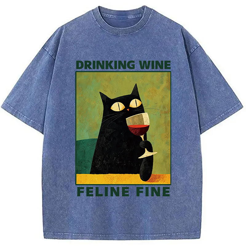 Modecanvas Drinking Wine Feline Wine DTG Printing Washed T-Shirt