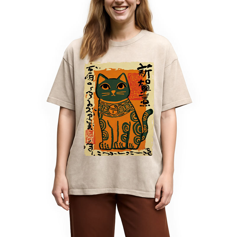 Modecanvas Lucky Cat DTG Printing Washed T-Shirt
