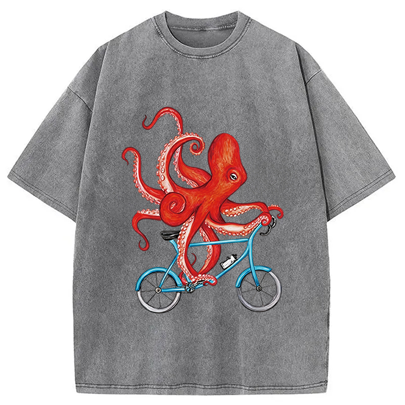 Modecanvas Octopus On A Bicycle Parody Meme DTG Printing Washed T-Shirt-modecanvas