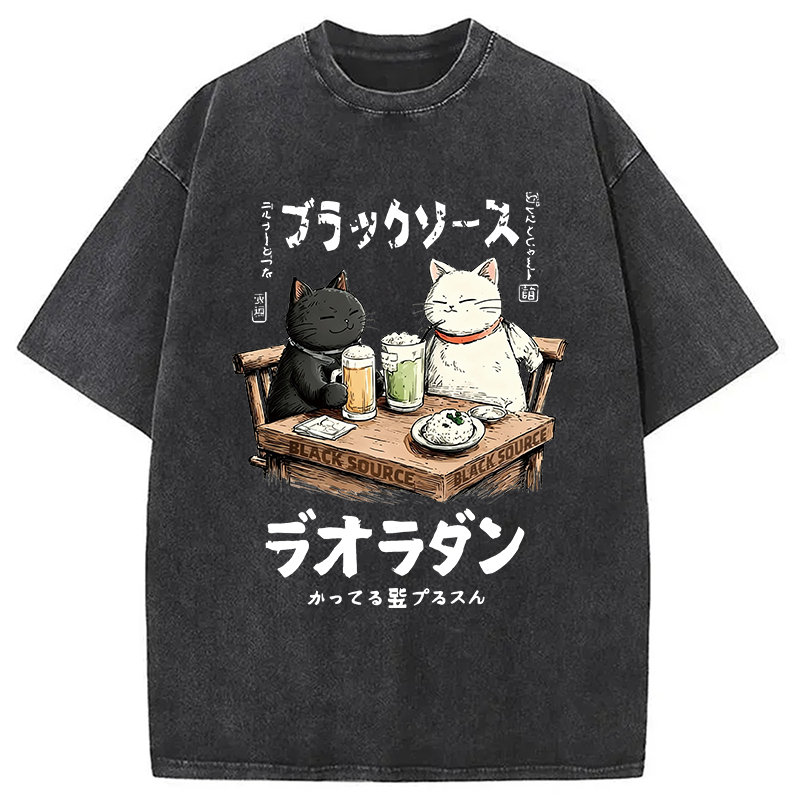 Modecanvas Funny Drinking Cat DTG Printing Washed T-Shirt