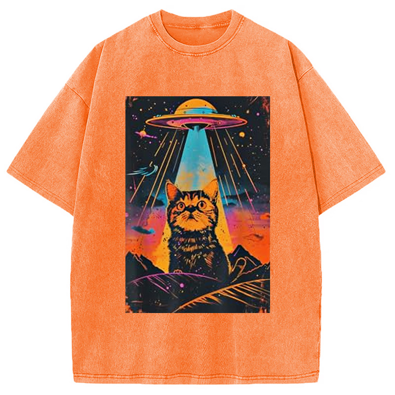 Modecanvas Catzilla Vintage Funny Cute Cat Washed T-Shirt-modecanvas