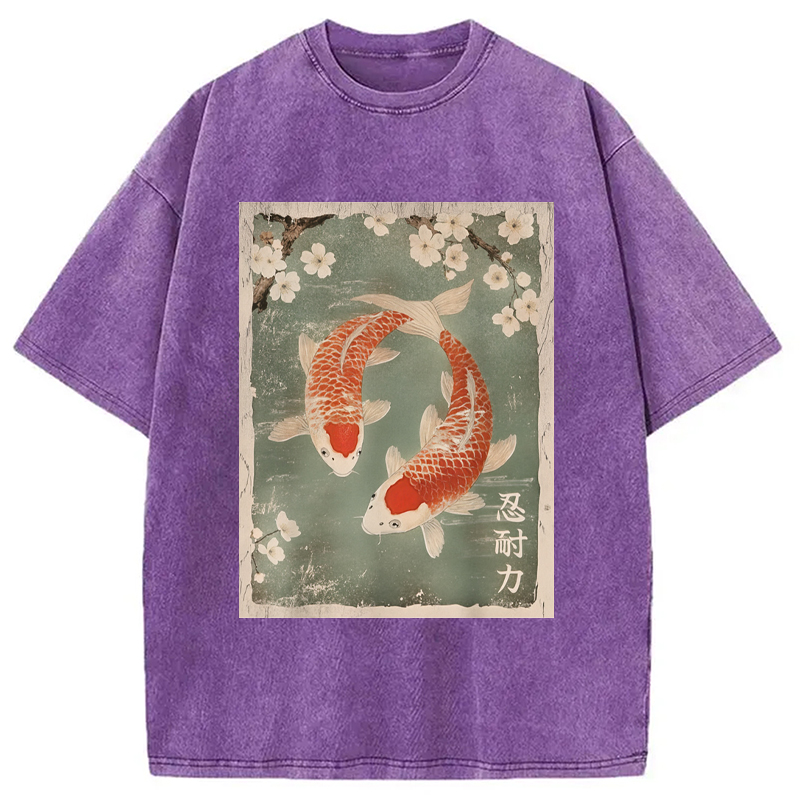 Modecanvas Koi fish and Cherry Blossom Washed T-Shirt