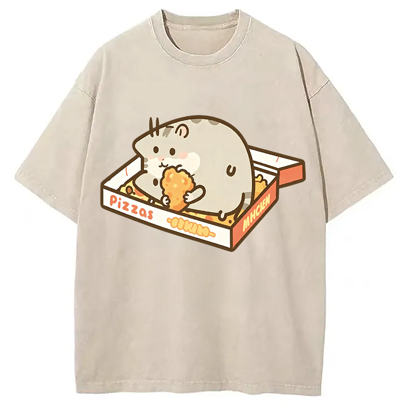 Modecanvas Cute Hamster Pizza DTG Printing Washed T-Shirt