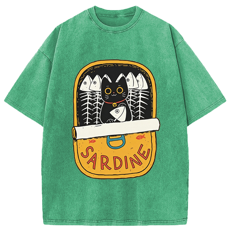 Modecanvas Sardine and Cat DTG Printing Washed T-Shirt