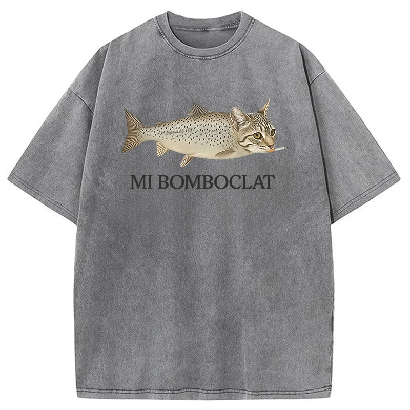 Modecanvas Bomboclat Fish Cat Meme Washed T-Shirt-modecanvas