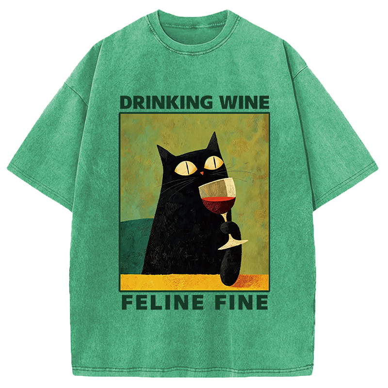 Modecanvas Drinking Wine Feline Wine DTG Printing Washed T-Shirt