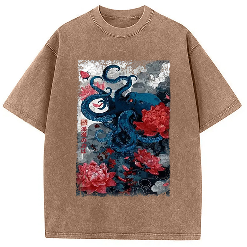 Modecanvas Deep Sea Retro Octopus Washed T-Shirt