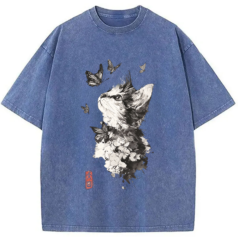 Modecanvas Butterfly and Cat Gaze DTG Printing Washed T-Shirt-modecanvas