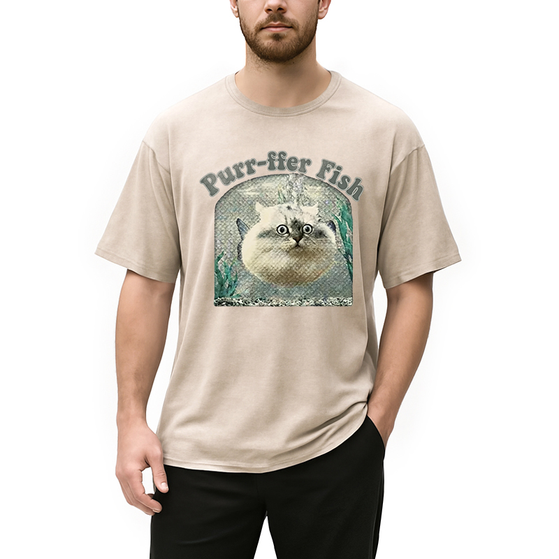 Modecanvas Purr-ffer Fish Cat DTG Printing Washed T-Shirt