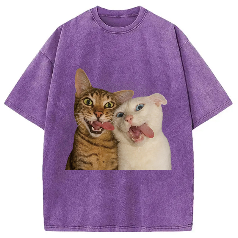 Modecanvas Funny Cat Tongue Out DTG Printing Washed T-Shirt