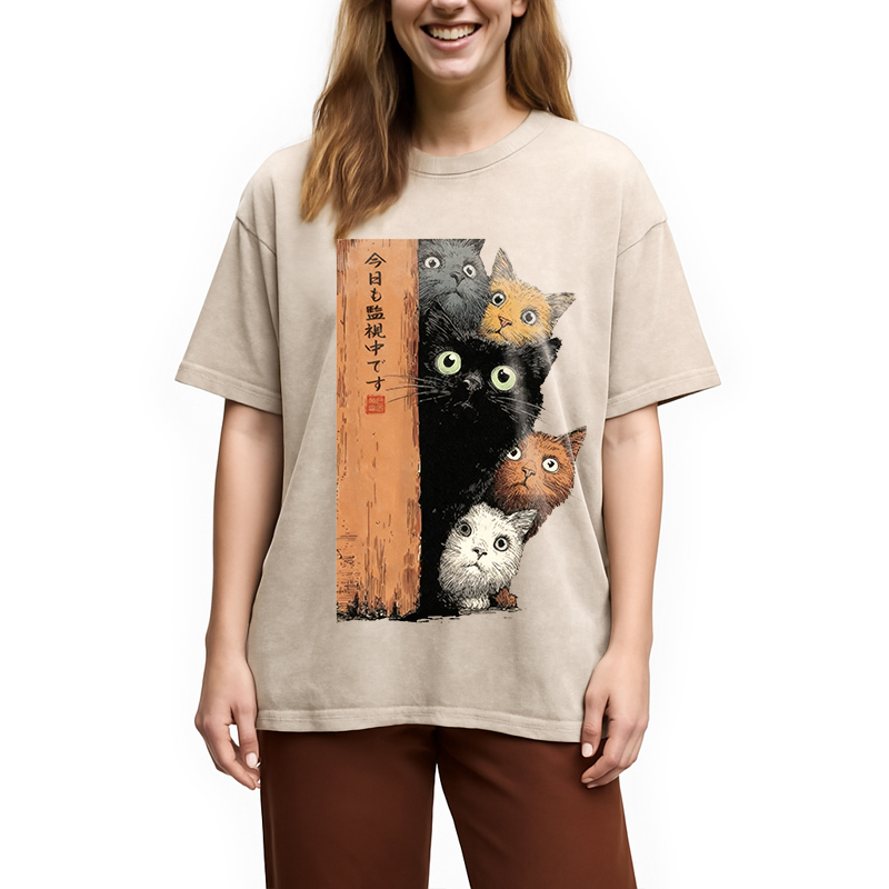 Modecanvas Cats Are Watching You Washed T-Shirt