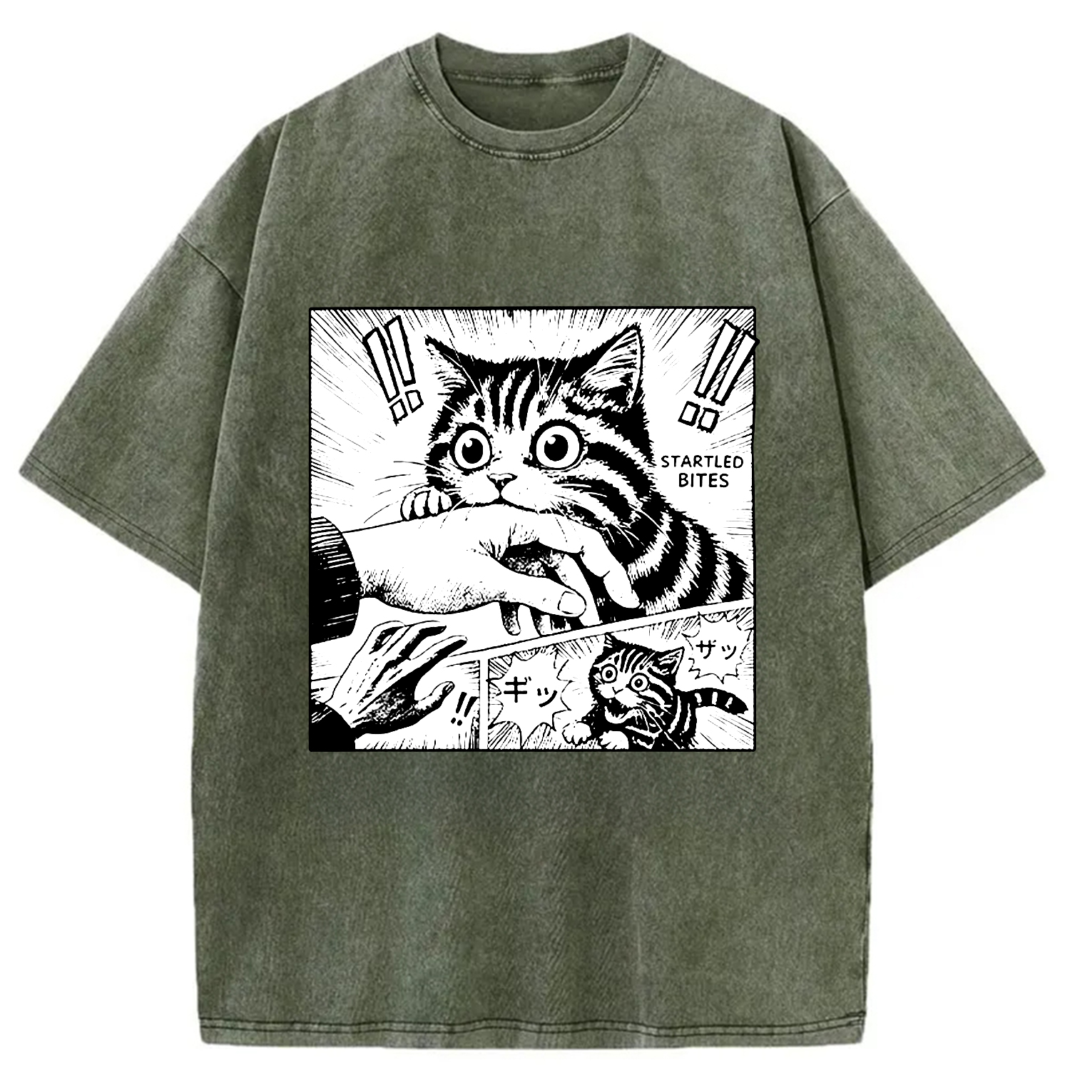 Modecanvas Cat Biting Funny Washed T-Shirt