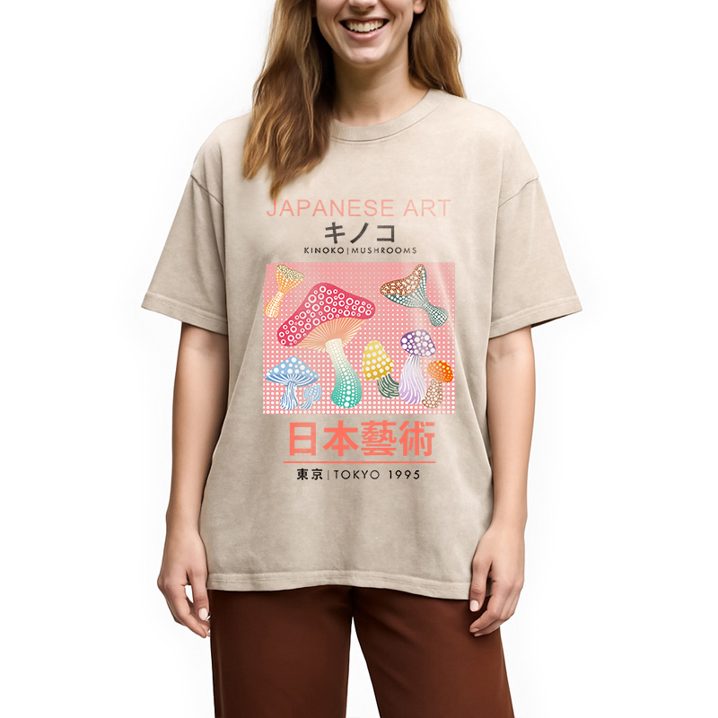 Modecanvas Pink Mushroom Japanese Art Washed T-Shirt