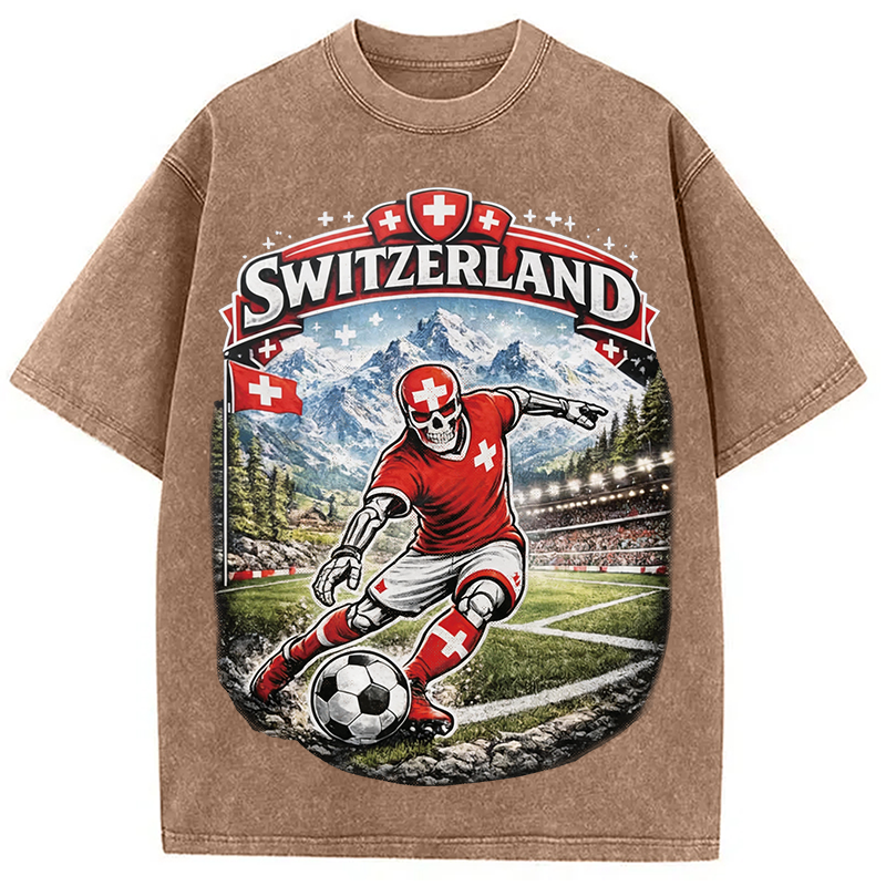 Modecanvas Switzerland Soccer Skull DTG Printing Washed T-Shirt