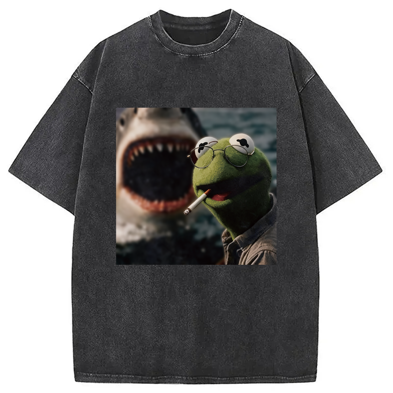 Modecanvas Smoking Frog Meme DTG Printing Washed T-Shirt-modecanvas