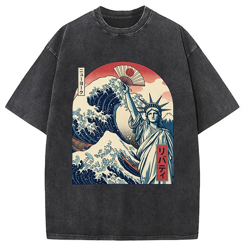 Modecanvas Ukiyo-e Statue Of Liberty DTG Printing Washed T-Shirt