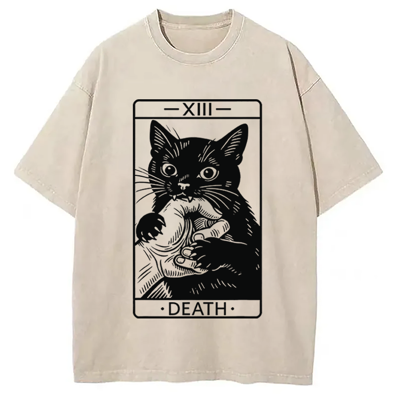 Modecanvas Black Cat Tarot Card DTG Printing Washed T-Shirt