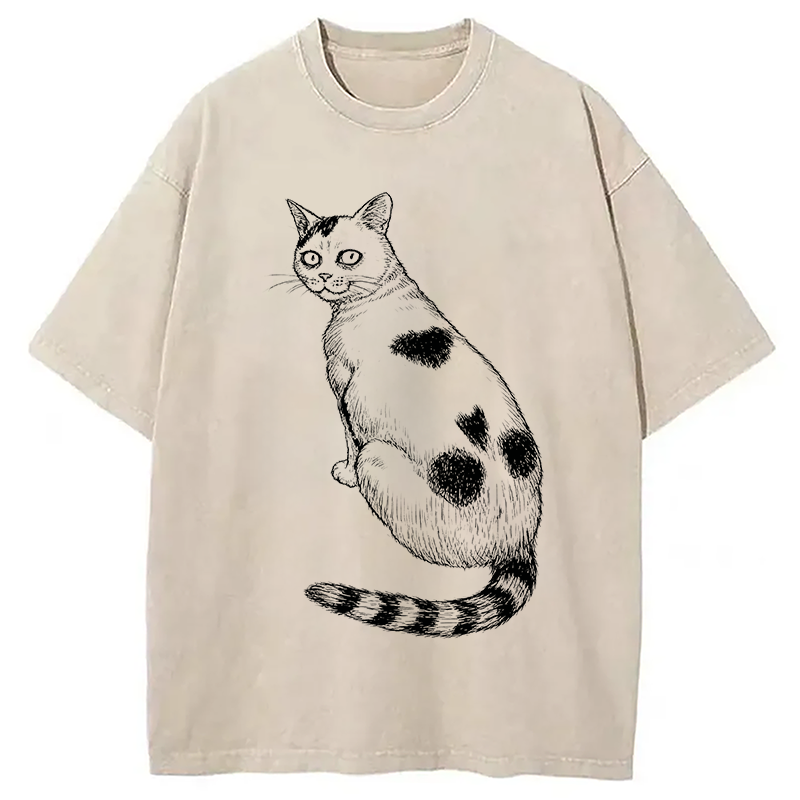 Modecanvas Horror Cat DTG Printing Washed T-Shirt-modecanvas