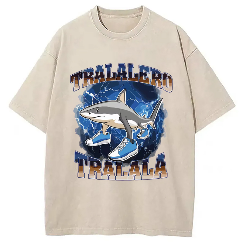 Modecanvas Tralalero Tralala Funny Shark Meme Washed T-Shirt-modecanvas