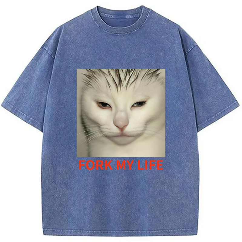 Modecanvas White Cat Fork My Life Washed T-Shirt