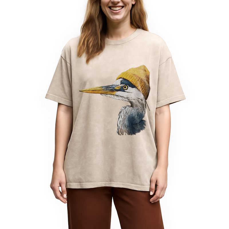 Modecanvas Blue Heron Wearing Beanie DTG Printing Washed T-Shirt