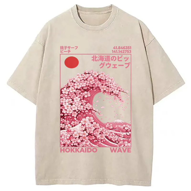 Modecanvas Hokkaido Wave Sakura Washed T-Shirt-modecanvas