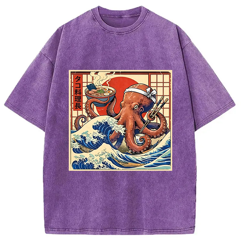 Modecanvas Ukiyo-E Octopus Ramen DTG Printing Washed T-Shirt