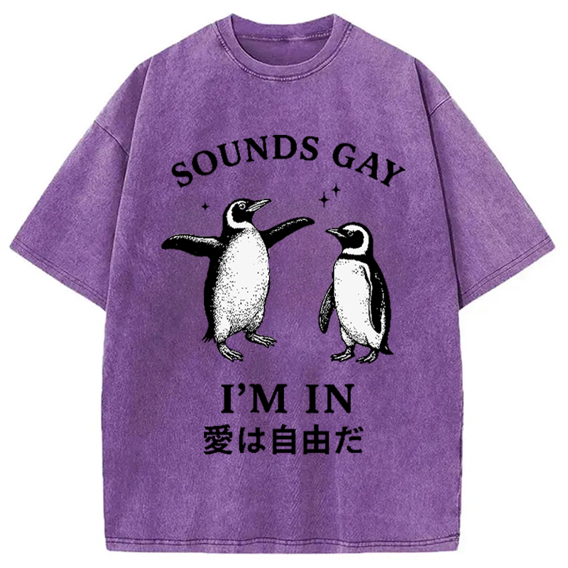 Modecanvas Loving And Free Penguins Washed T-Shirt