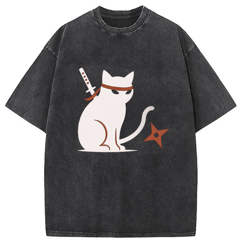 Modecanvas Japanese Ninja Neko Kimono Cat DTG Printing Washed T-Shirt