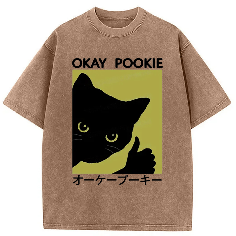 Modecanvas Okay Pookie Cat Washed T-Shirt-modecanvas