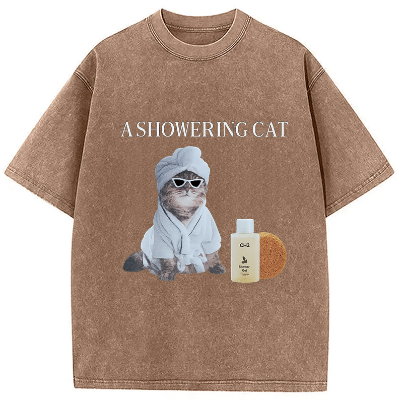 Modecanvas A Showering Cat Washed T-Shirt