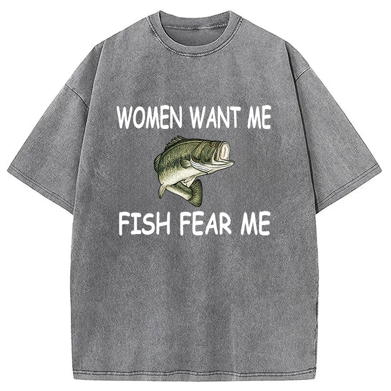 Modecanvas Fishing Women Want Me Fish Fear Me Washed T-Shirt