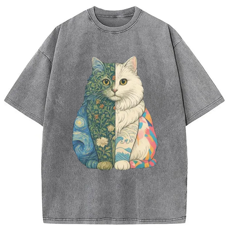 Modecanvas Van Gogh Art Cat Washed T-Shirt