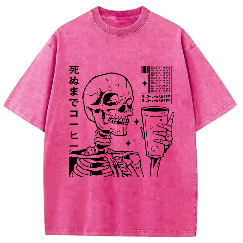 Modecanvas Japanese Skeleton Coffee DTG Printing Washed T-Shirt-modecanvas