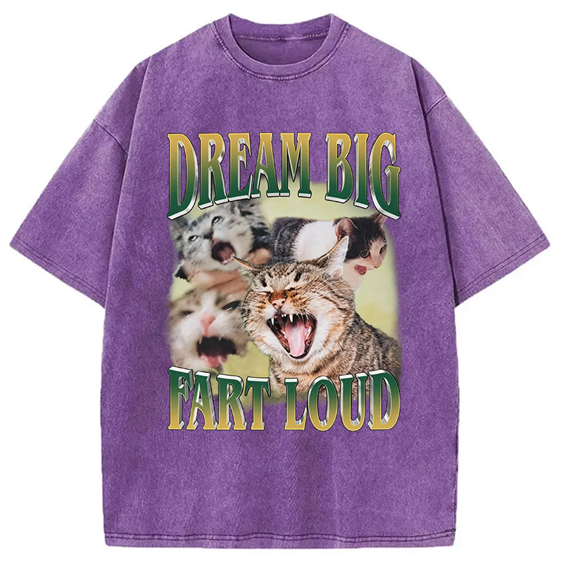 Modecanvas Dream Big Fart Loud Funny Cat Meme DTG Printing Washed T-Shirt