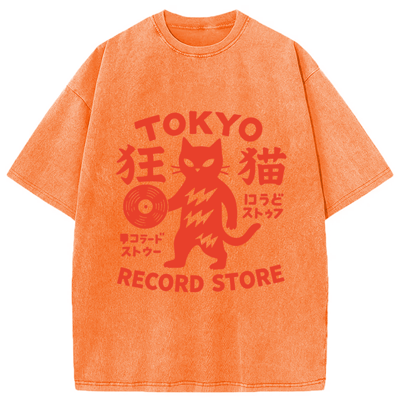Modecanvas Tokyo Record Store Cat DTG Printing Washed T-Shirt