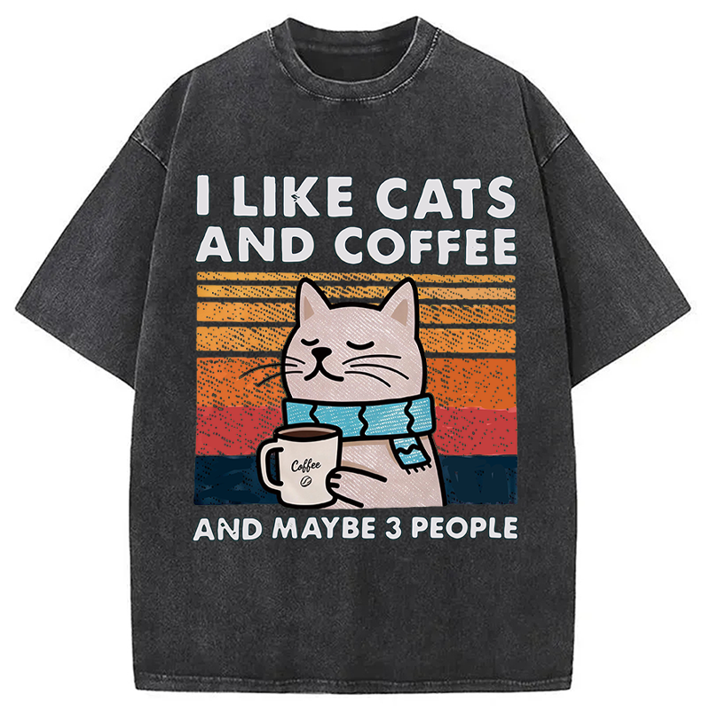 Modecanvas I Like Cats And Coffee And Maybe 3 People DTG Printing Washed T-Shirt
