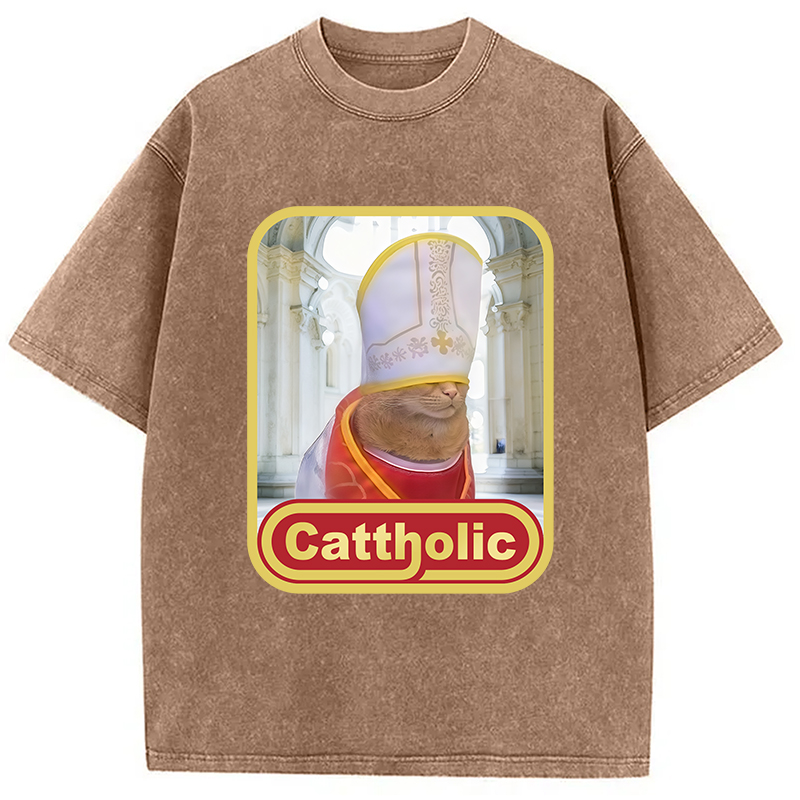 Modecanvas Cattholic Cat Funny Washed T-Shirt
