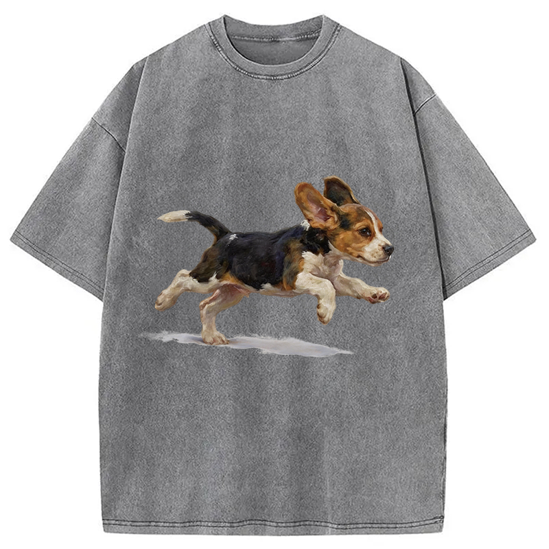 Modecanvas Funny Cute Running Beagle Puppy DTG Printing Washed T-Shirt