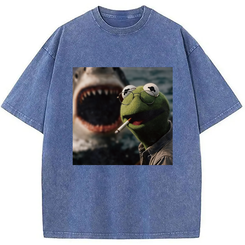 Modecanvas Smoking Frog Meme DTG Printing Washed T-Shirt-modecanvas