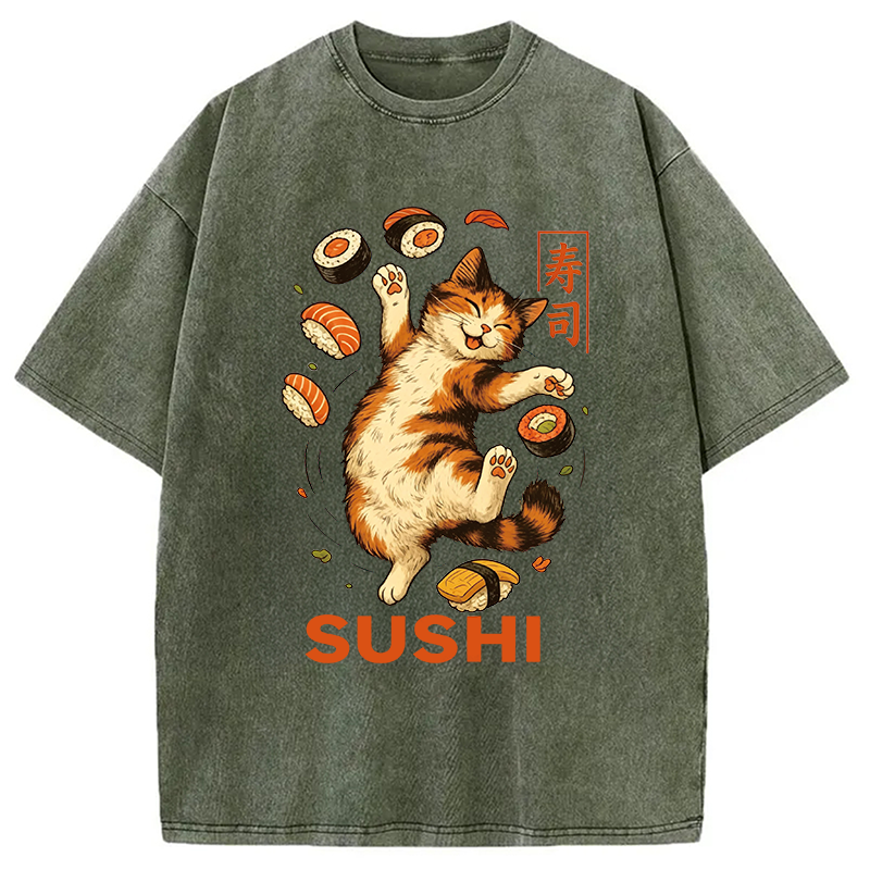 Modecanvas Funny Sushi Cat DTG Printing Washed T-Shirt
