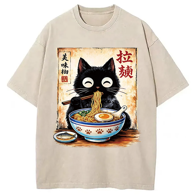Modecanvas Cute Cat Slurping Ramen DTG Printing Washed T-Shirt