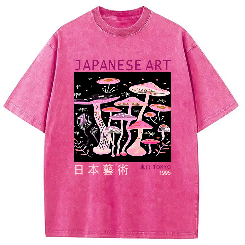 Modecanvas Japanese Art Pink Hallucinogenic Mushrooms Washed T-Shirt
