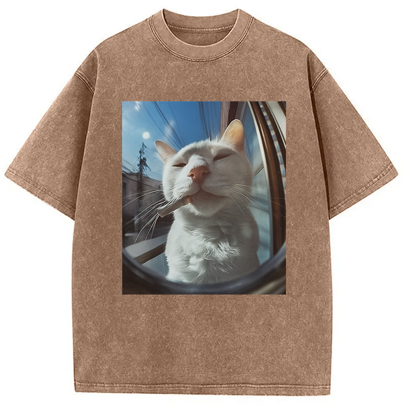 Modecanvas Smoking Cat Meme Washed T-Shirt