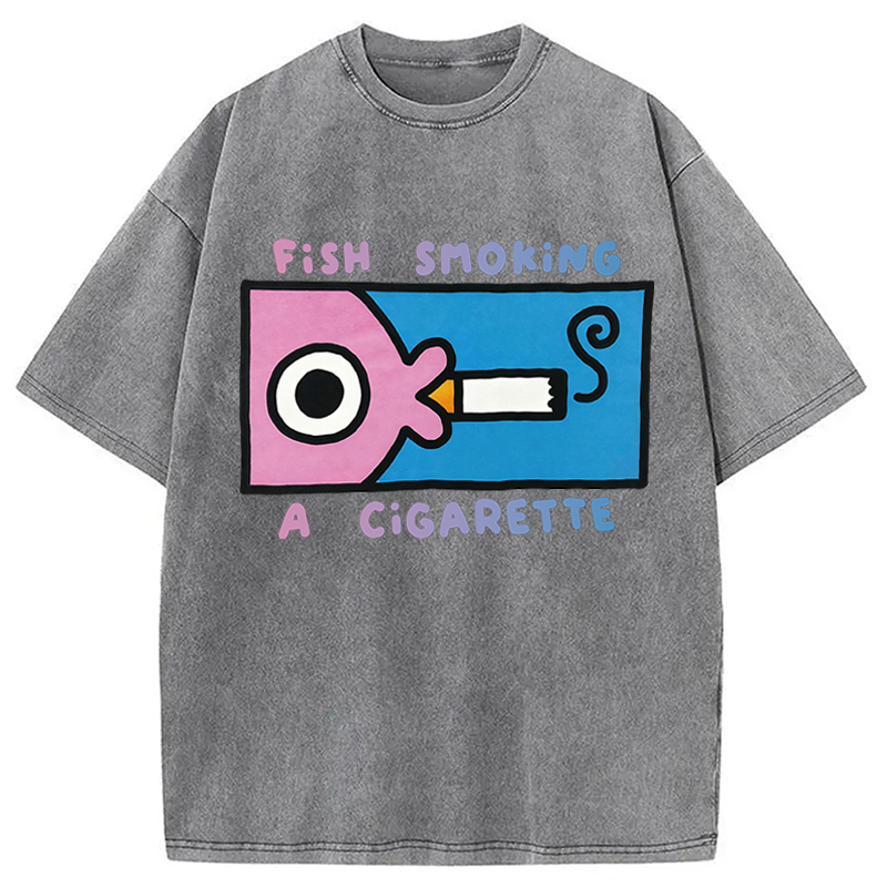 Modecanvas Fish Smoking A Cigarette DTG Printing Washed T-Shirt
