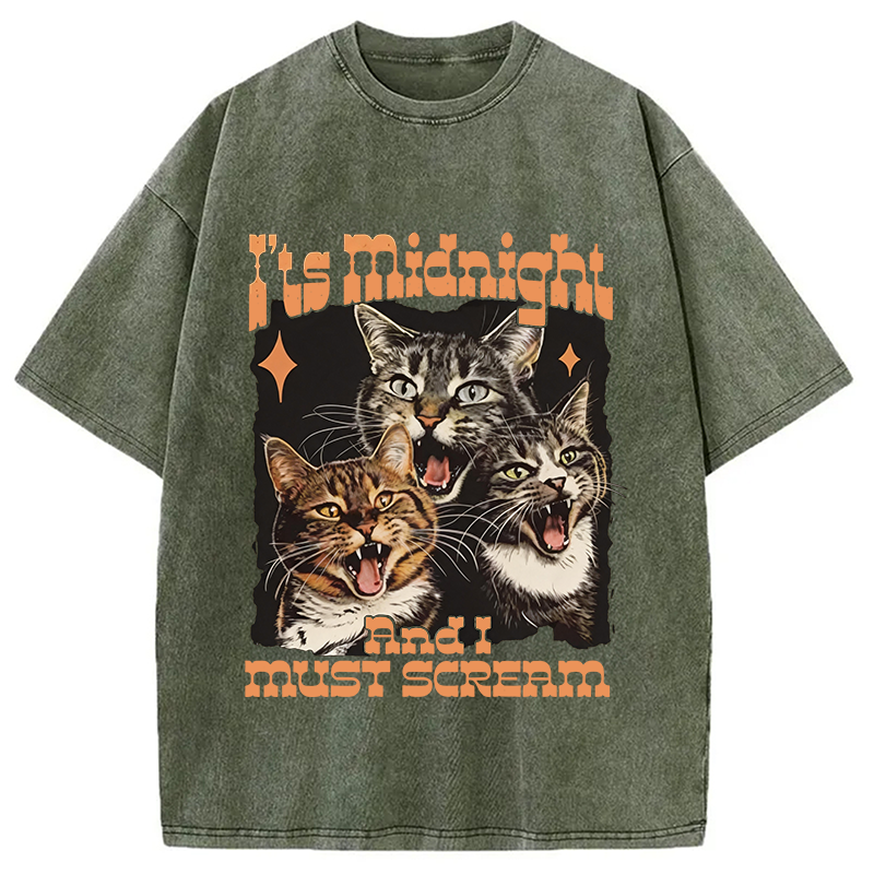 Modecanvas It's Midnight And I Must Scream Cat DTG Printing Washed T-Shirt