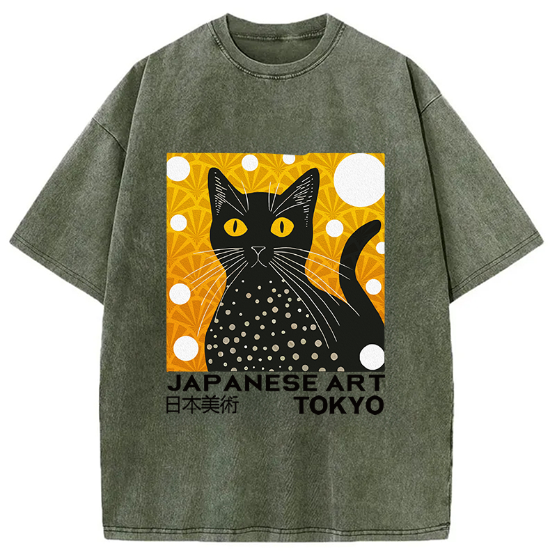 Modecanvas Black Cat Janpanese Art Washed T-Shirt