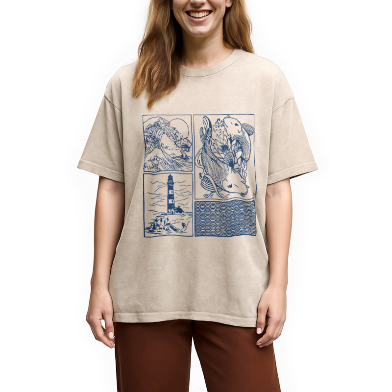 Modecanvas Vintage Minimalist Marine Life Japan Washed T-Shirt